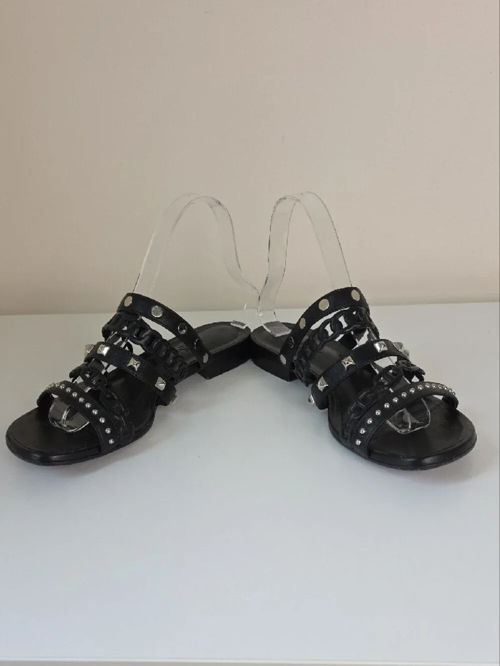 Hermes Black Studded Chain-Strap Slide Sandals.  Size 38.  US Size 7 1/2